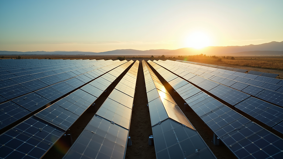 High angle view of a solar farm with rows of solar panels