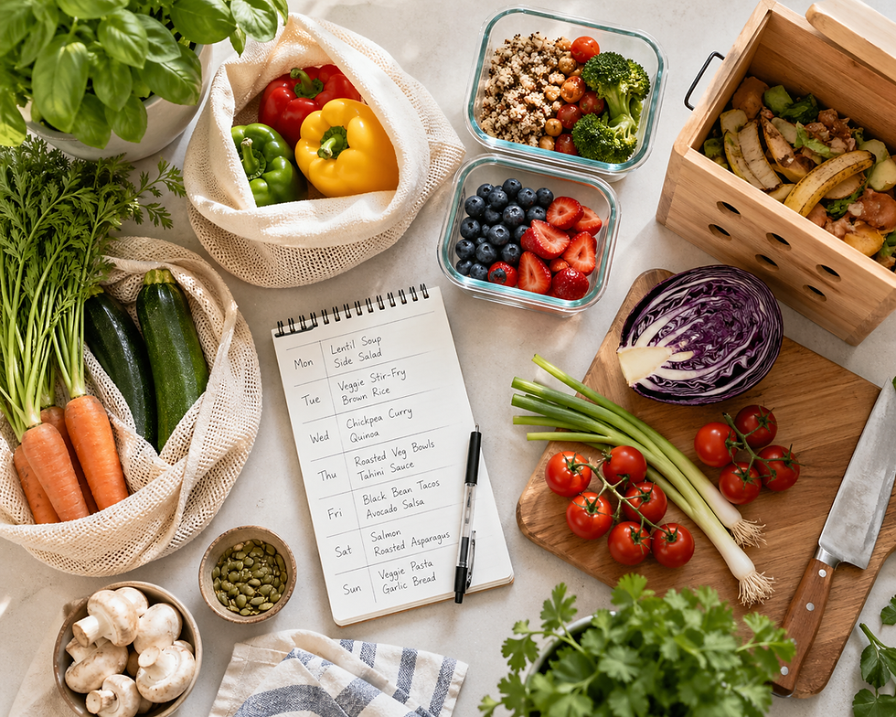 Organized kitchen counter with fresh vegetables, a meal planning notepad, reusable bags, glass containers, and a compost bin to help reduce food waste at home
