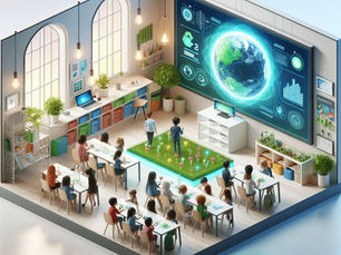 Students in a modern classroom viewing a digital climate science display on a large screen.