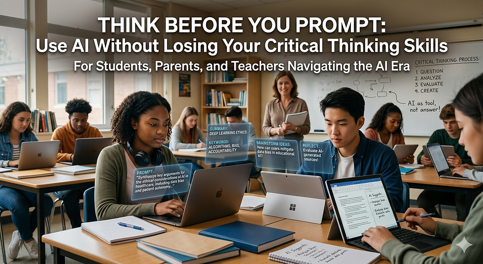 Students using laptops and AI tools for schoolwork in a modern classroom, representing responsible AI use while learning critical thinking skills.