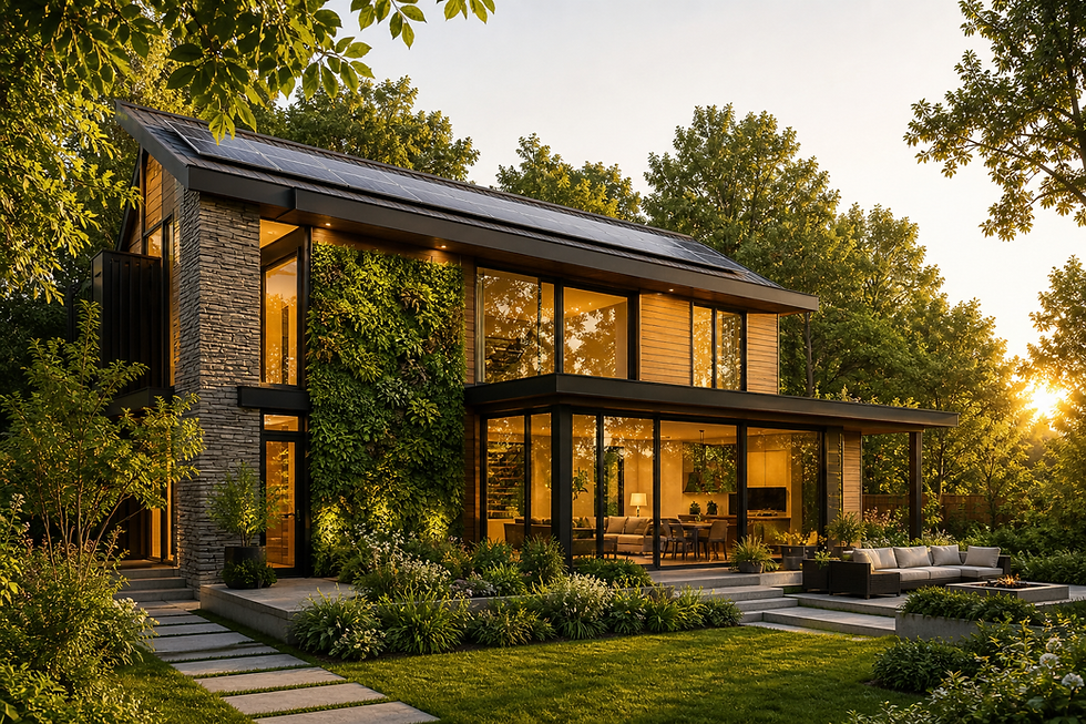 Modern sustainable home with solar panels, green living wall, and large glass windows surrounded by lush vegetation.
