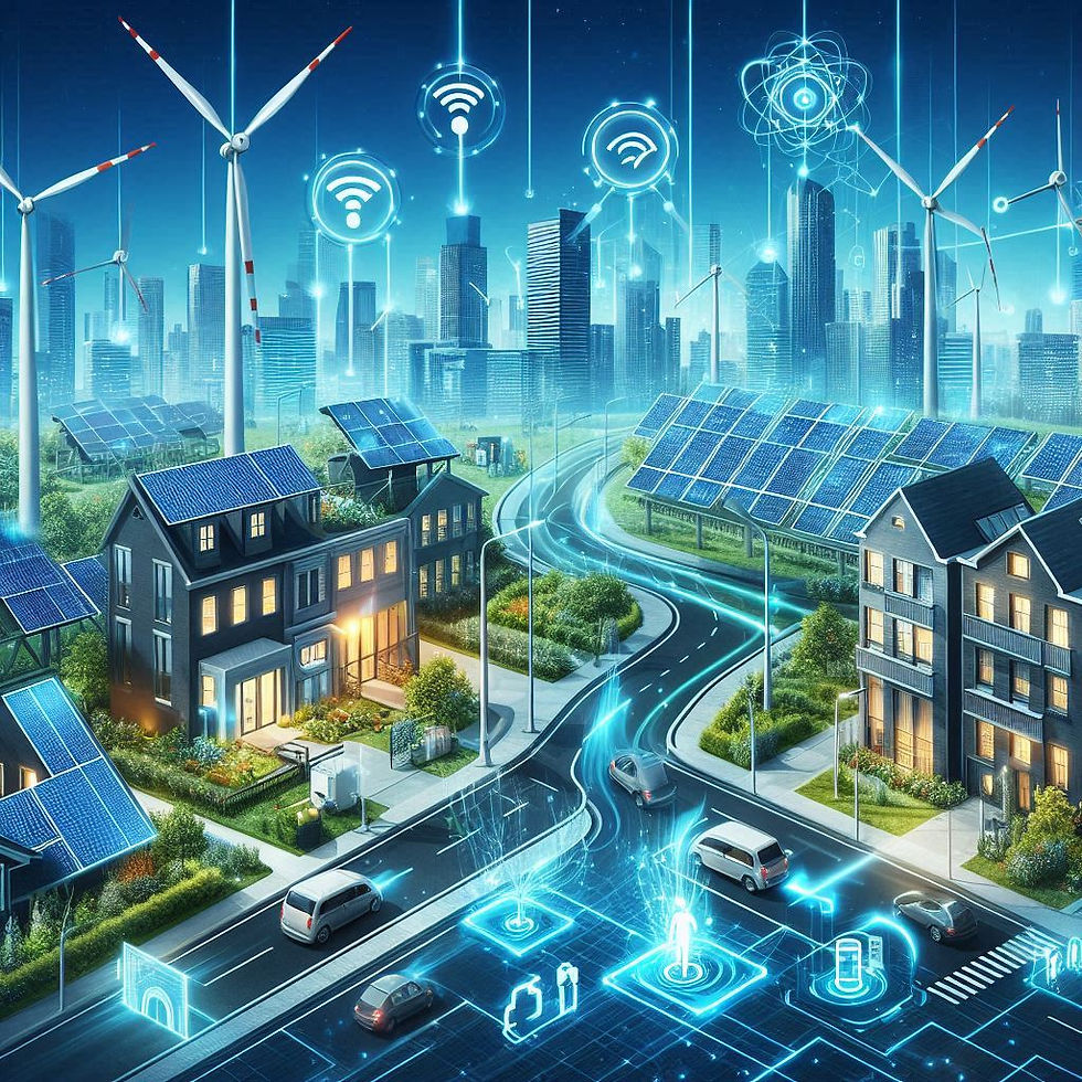 Illustration of a smart grid system showing solar panels, wind turbines, city infrastructure, and connected energy networks with real-time data flow.