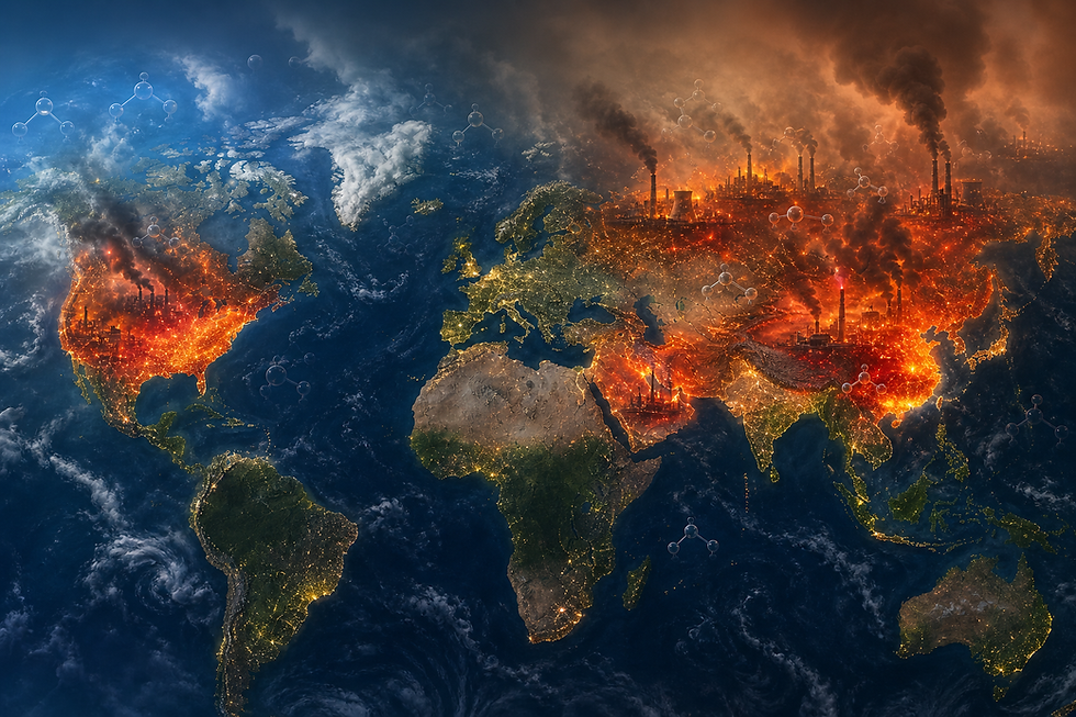 World map showing carbon footprint by country with heat-map overlay highlighting high CO₂-emitting regions in red and orange