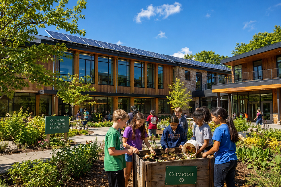 Students and teachers at a sustainable school building with solar panels and green spaces, representing efforts to reduce carbon footprint in education.