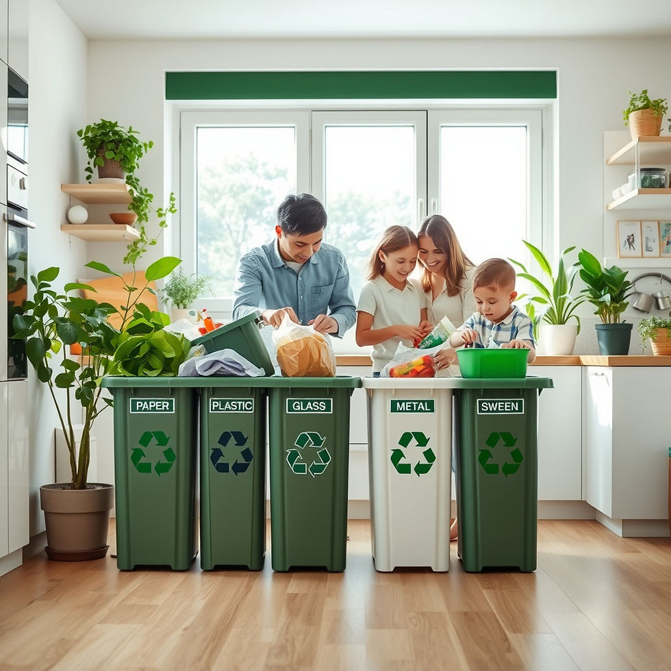 Family sorting household waste into labeled recycling bins in a clean, eco-friendly kitchen, promoting sustainable living and responsible waste management at home.