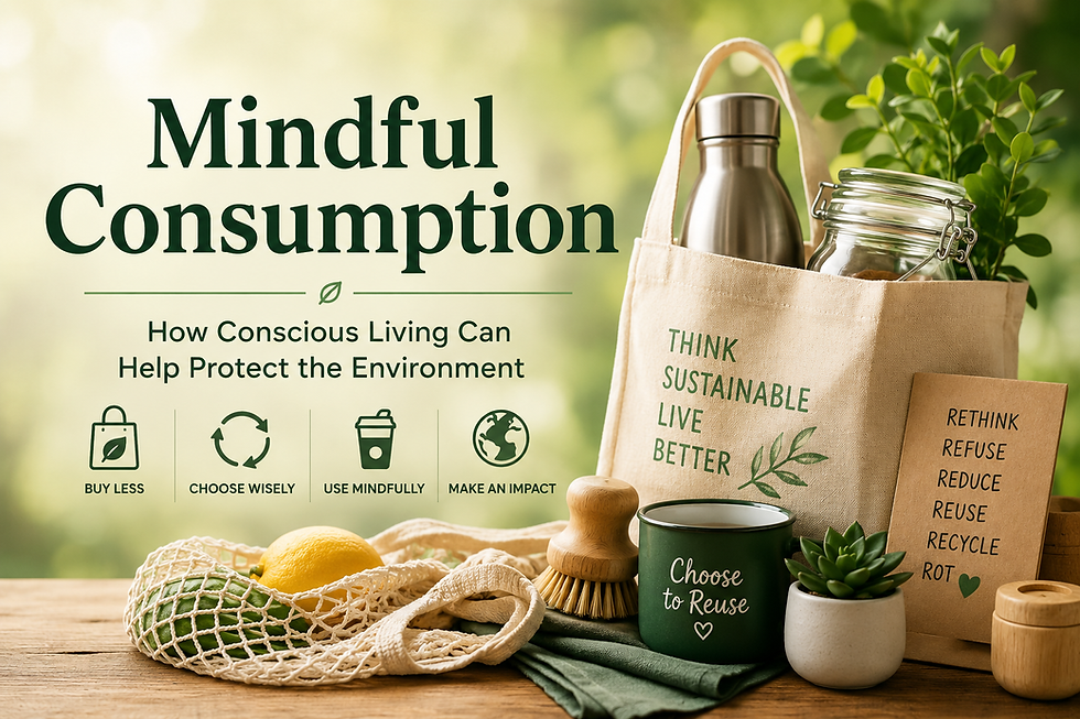 Eco-friendly hero image featuring reusable bags, a stainless steel water bottle, glass jars, fresh produce, and sustainable lifestyle items on a wooden table with the text “Mindful Consumption: How Conscious Living Can Help Protect the Environment.”