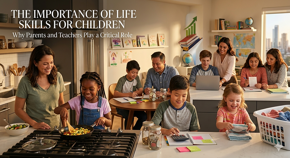 Children learning essential life skills with parents and teachers, including cooking, budgeting, organizing, and problem-solving, demonstrating confidence, independence, and real-world readiness.