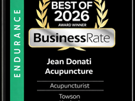 Award announcement for Jean Donati Acupuncture named Best Acupuncturist in Towson Maryland 2026 by Business Rate based on customer reviews and service excellence.