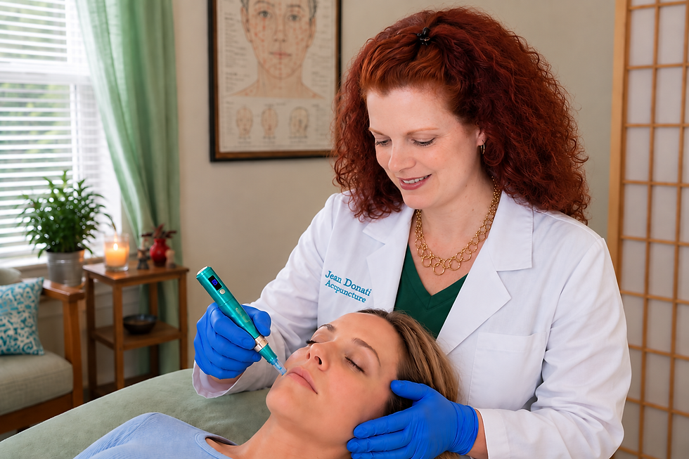 Jean Donati performing a facial microneedling treatment at her acupuncture practice in Towson, Maryland