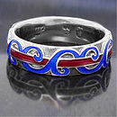 White gold wedding band with blue and red enamel