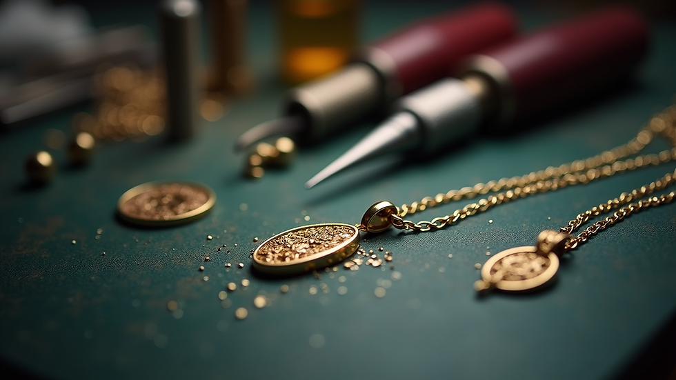 Eye-level view of a jeweler’s workspace with tools and a partially finished gold pendant