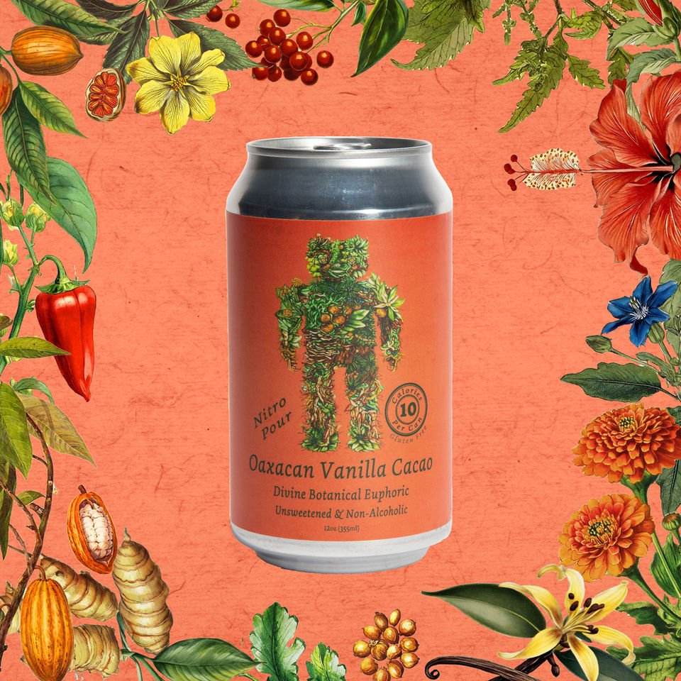 A can of FuncBot Oaxacan Vanilla Cacao soda surrounded by botanical illustrations of the functional ingredients.