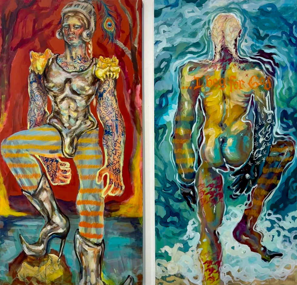 For the love of peace and brawn, I will return, 
Acrylic and oil on canvases, 2025, 48x48 in.