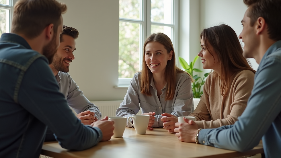 Close-up view of a family sitting around a table having a calm discussion