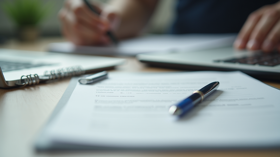 Eye-level view of a desk with neatly organized documents and a pen