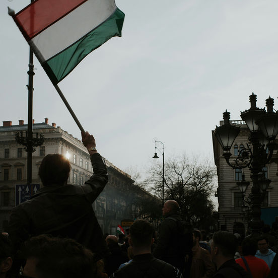protester holding Hungarian flag during political demonstration in the city