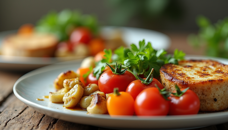 Vista a nivel de ojo de un plato colorido con verduras frescas y proteínas saludables