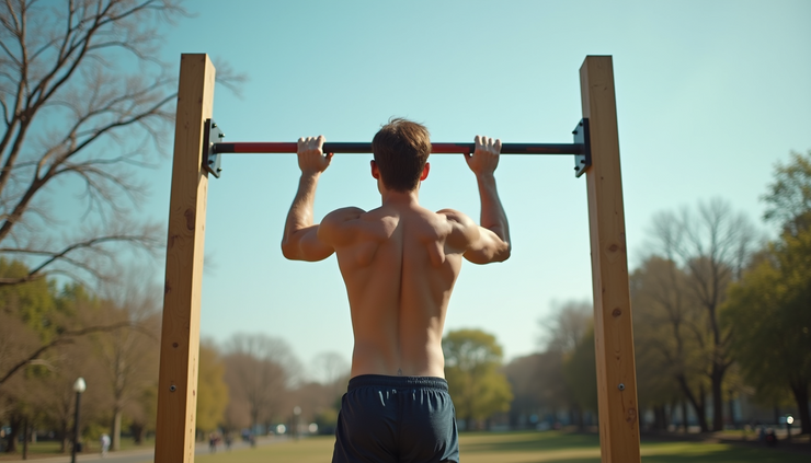 Eye-level view of a person performing a pull-up on an outdoor bar