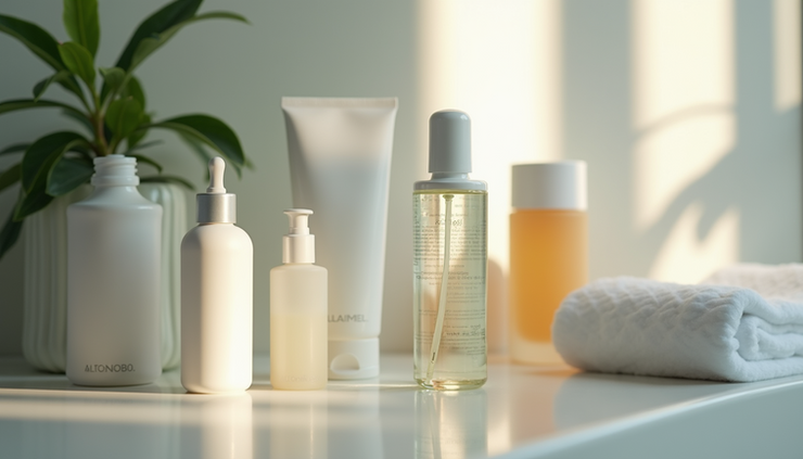 Close-up view of skincare products arranged neatly on a bathroom counter