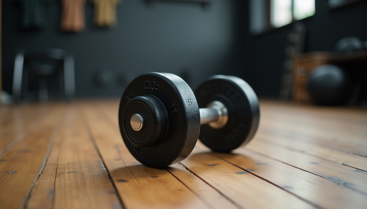 Eye-level view of a single dumbbell resting on a wooden gym floor