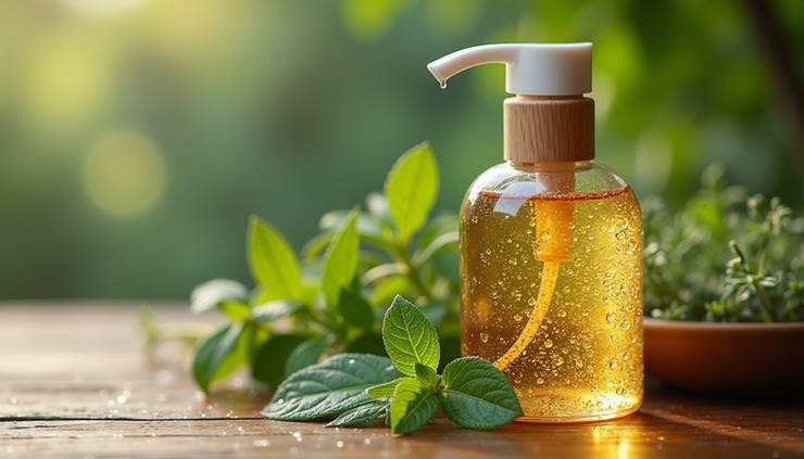 Close-up view of a bottle of clarifying shampoo with fresh herbs in the background