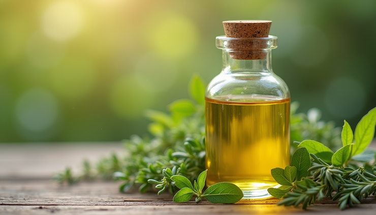 Close-up view of a glass bottle filled with golden hair growth oil surrounded by fresh herbs