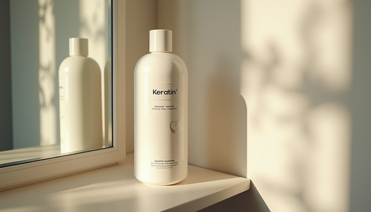 Close-up view of a shampoo bottle with keratin label on a bathroom shelf
