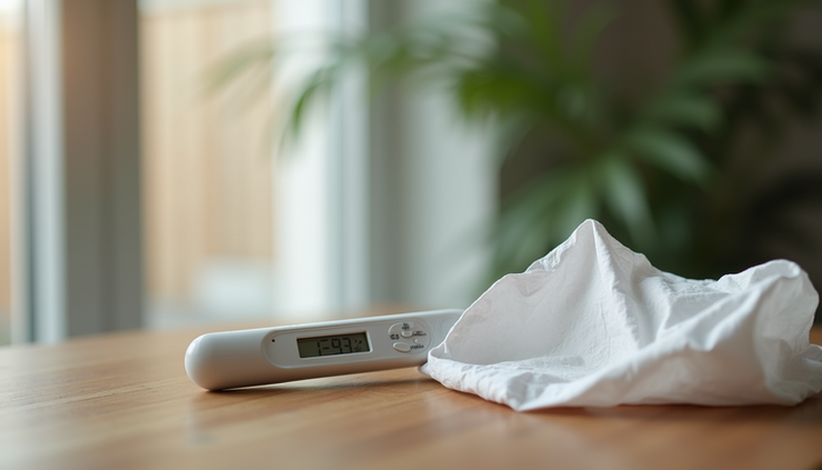 Close-up view of a thermometer and tissues on a wooden table indicating flu symptoms