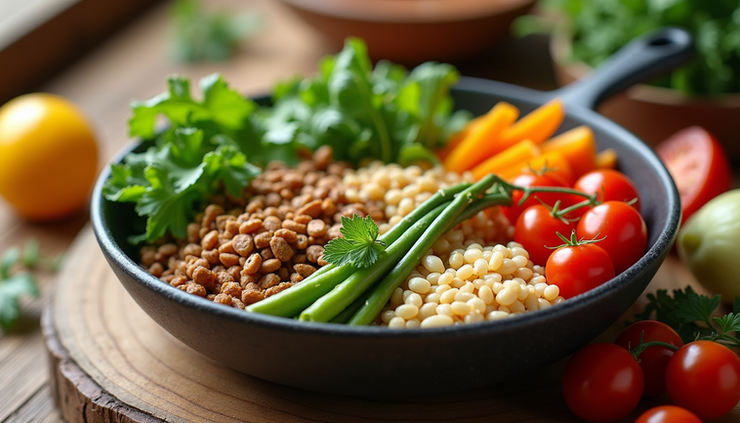 Eye-level view of a colorful vegan meal with fresh vegetables and grains on a wooden table