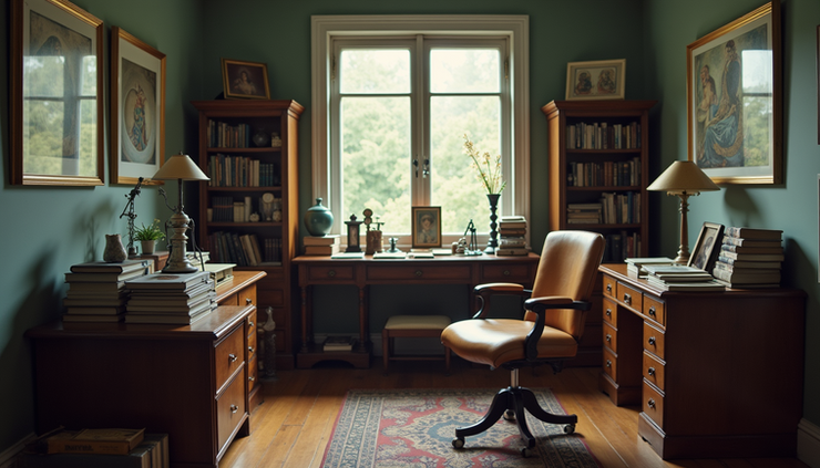Eye-level view of a vintage psychiatrist's consultation room with classic furniture and medical books