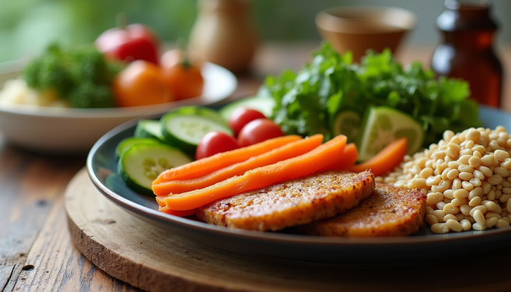 Eye-level view of a balanced meal plate with colorful vegetables, lean protein, and whole grains