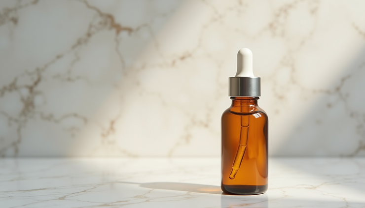 Close-up view of a clear glass bottle with vitamin C serum and a dropper on a white marble surface