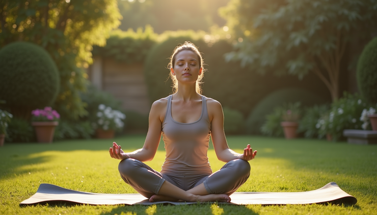 Eye-level view of a person sitting cross-legged on a yoga mat in a peaceful garden, meditating with eyes closed