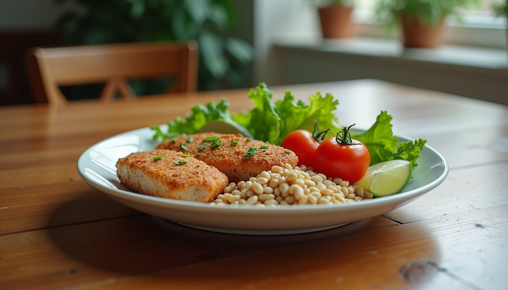 Eye-level view of a balanced plate with vegetables, lean protein, and whole grains