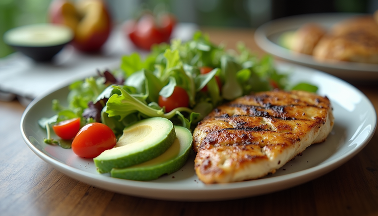 Eye-level view of a colorful plate with grilled chicken, avocado, and leafy greens