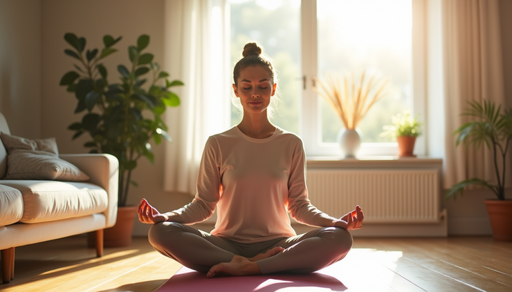 Eye-level view of a person practicing yoga in a bright living room with natural light