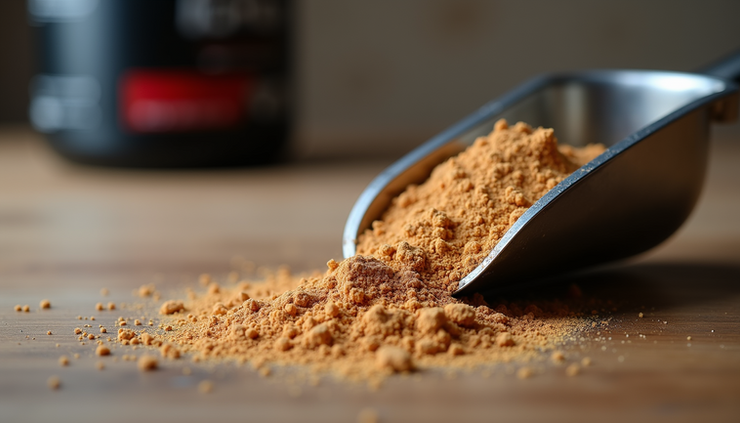 Close-up view of a scoop of mass gainer powder in a container