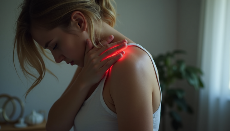 Close-up view of a person holding their painful shoulder, illustrating fibromyalgia discomfort