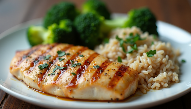 Eye-level view of a well-balanced bulking meal with chicken, rice, and vegetables on a plate