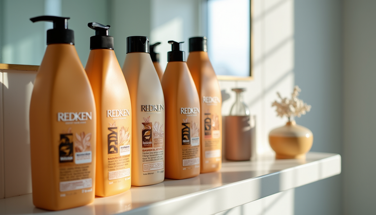 Close-up view of Redken shampoo bottles arranged on a bathroom shelf