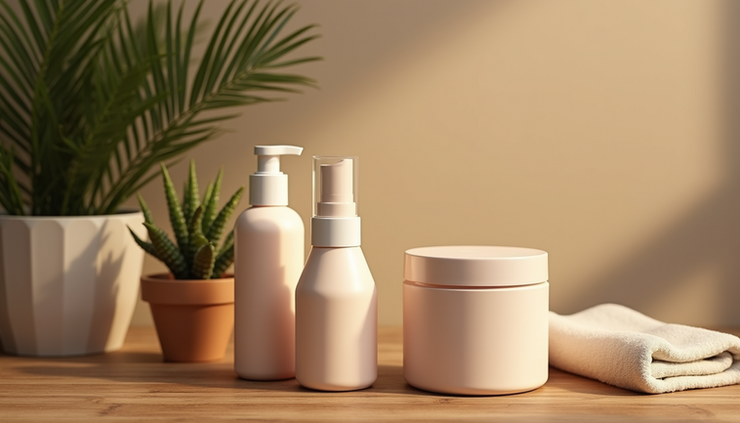 Close-up view of a variety of curly hair products arranged on a wooden surface