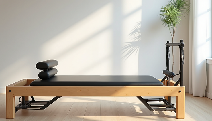 Eye-level view of a Pilates reformer machine in a bright studio