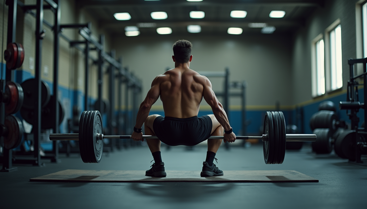 Eye-level view of a person performing a barbell squat in a gym with focused lighting