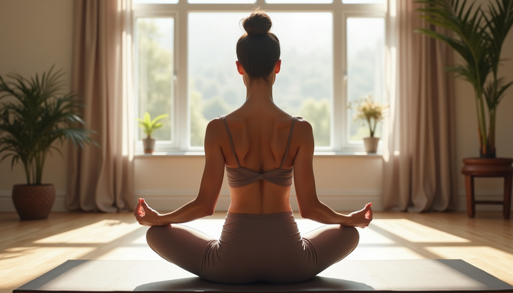Eye-level view of a single person practicing a seated yoga pose in a sunlit room with wooden floors