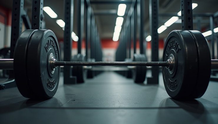 Eye-level view of a gym squat rack with loaded barbells ready for leg training