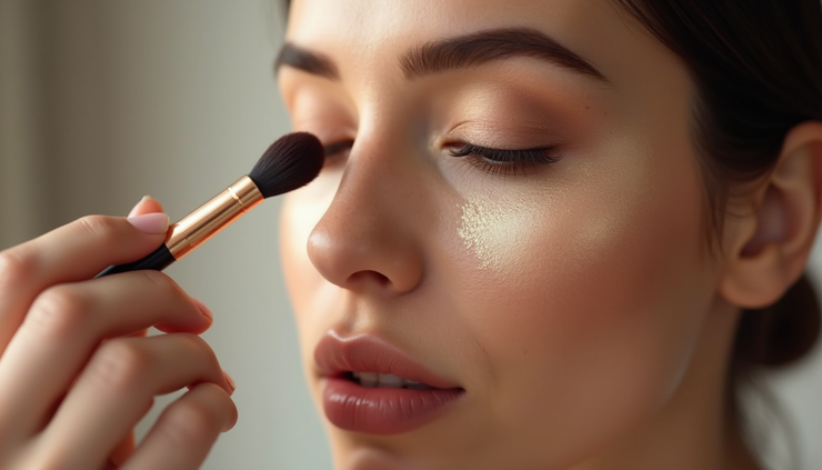 Close-up view of a makeup brush applying highlighter on cheekbones
