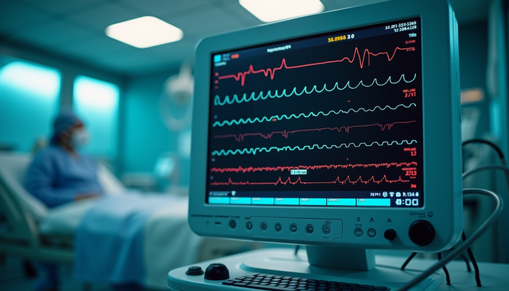 Close-up view of a hospital monitor displaying vital signs during sepsis treatment