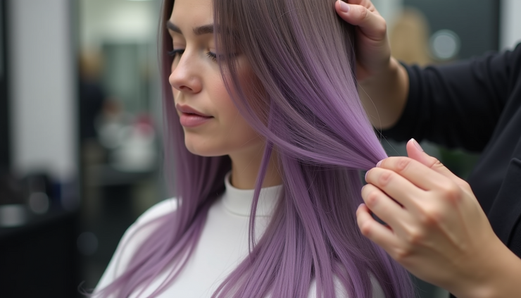 Close-up view of a hairdresser applying purple hair toner to blonde hair strands