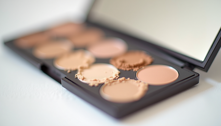 Close-up view of a makeup palette featuring various concealer shades arranged neatly