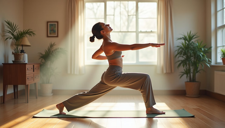 Eye-level view of a single yoga practitioner performing an Ashtanga pose on a wooden floor with natural light